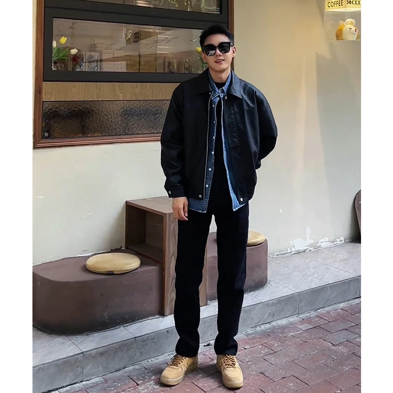 

Slimming Pure Bla Men's Jeans Spring Autumn Straight Leg Knife American Vibe Youth Faion mid Waist Long Pants