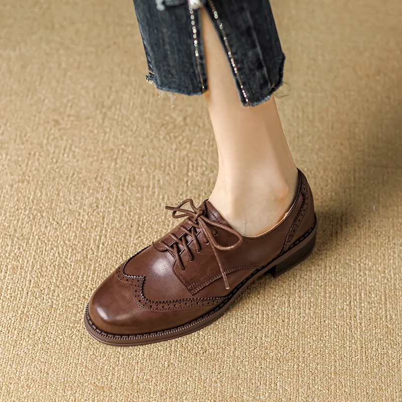2024 Kobiety Czółenka Oksfordzie Jesienne Buty Dla Kobiet Oryginalne Skórzane Brogues Retro Sznurowane Mokasyny Casualowe Ręcznie Robione Czarne