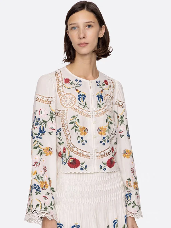 

Ele round Ne Embroidered Lace Hollow out Long Sve irt Cotton Linen Blend Original Design Loose Fit Women's irt