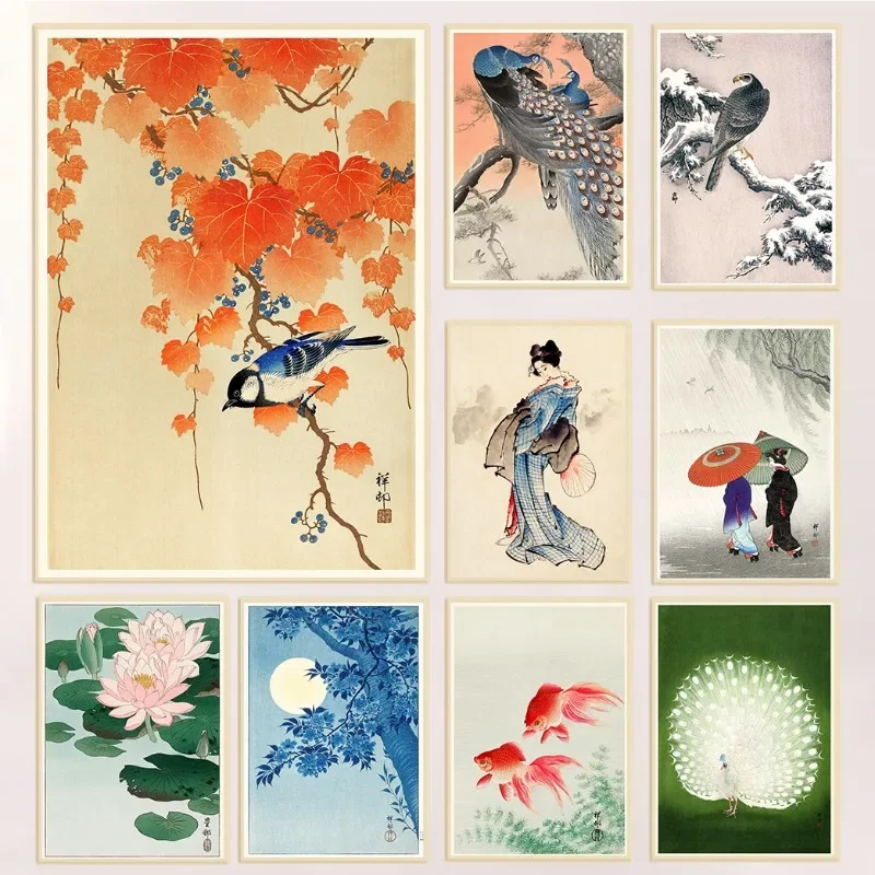 Vintage Ohara Koson Japanese Ukiyo Wall Art Poster Goldfish Lotus Owl Peacock Geisha for Living Room Home Decor Canvas Painti