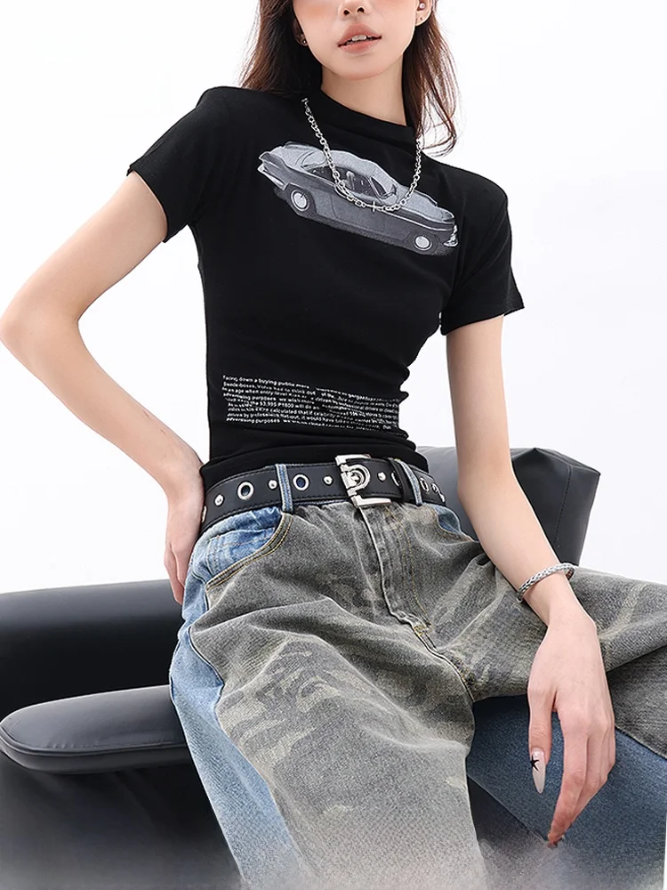 

NZNB American Retro Creative Print f High Collar ort Sve Women's Slim Fit Base Layer Top Vintage Sle T-irt