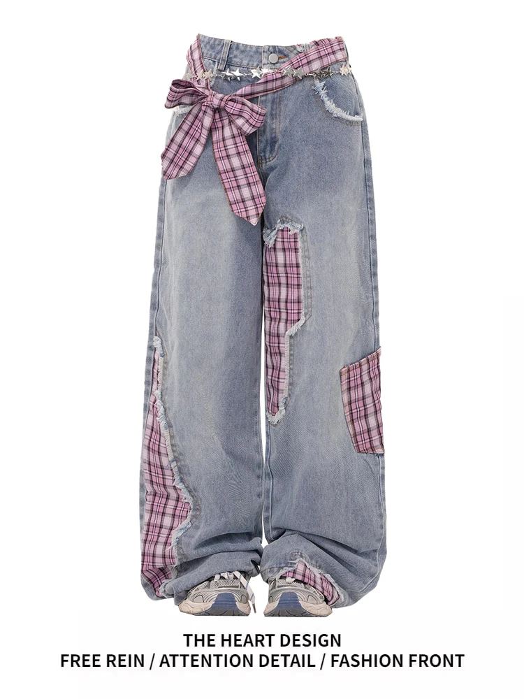 بنطلون جينز نسائي واسع مستقيم الساق بخصر مرتفع بتصميم أمريكي حلو وبارد بتصميم مرقع، بنطلون طويل غير رسمي لربيع 2025 #2