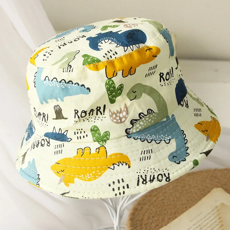 Summer Kids Bucket Caps Cotton Cute Cartoon Dinosaur Pattern Fisherman Hats Boy Girls Fashion Outing Sun Caps Panama Hats 2-6Y