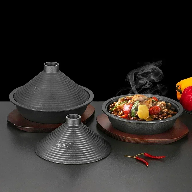 Cast Iron Tagine Pot, Aluminum Alloy Non-Porous Lid, High Temperature Gas Stew Pot, Commercial Seafood Cooking Pot.