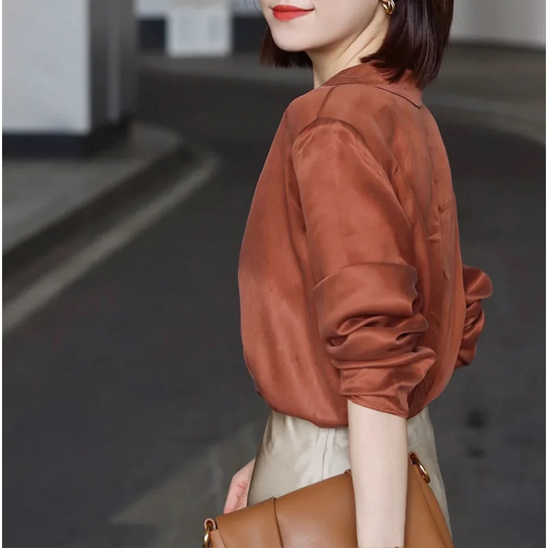 Shirt and Skirt Set for Office Women  Casual Loose Copper Ammonia Silk Shirt + Acetate Stain Skirt Suit Two-piece Clothing Set