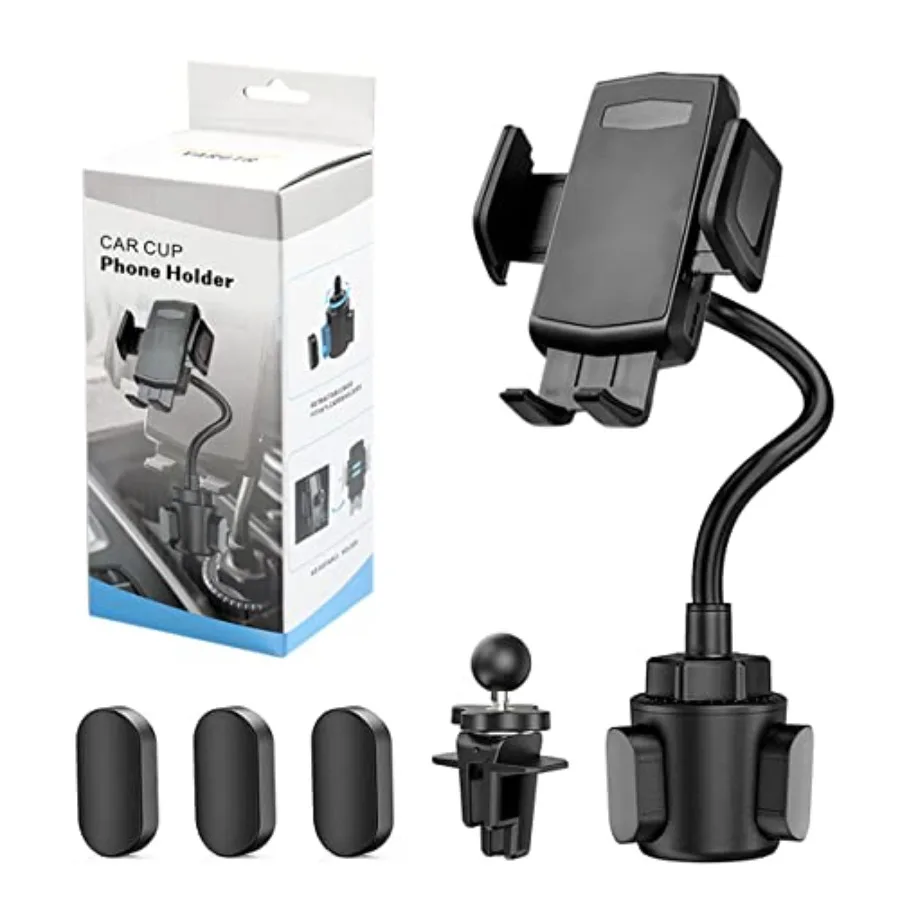 

2in1 Cup Holder Phone Mount with Universal Adjustable Gooseneck for Vehicle Use 360Degree Rotating Design Quick Release Button