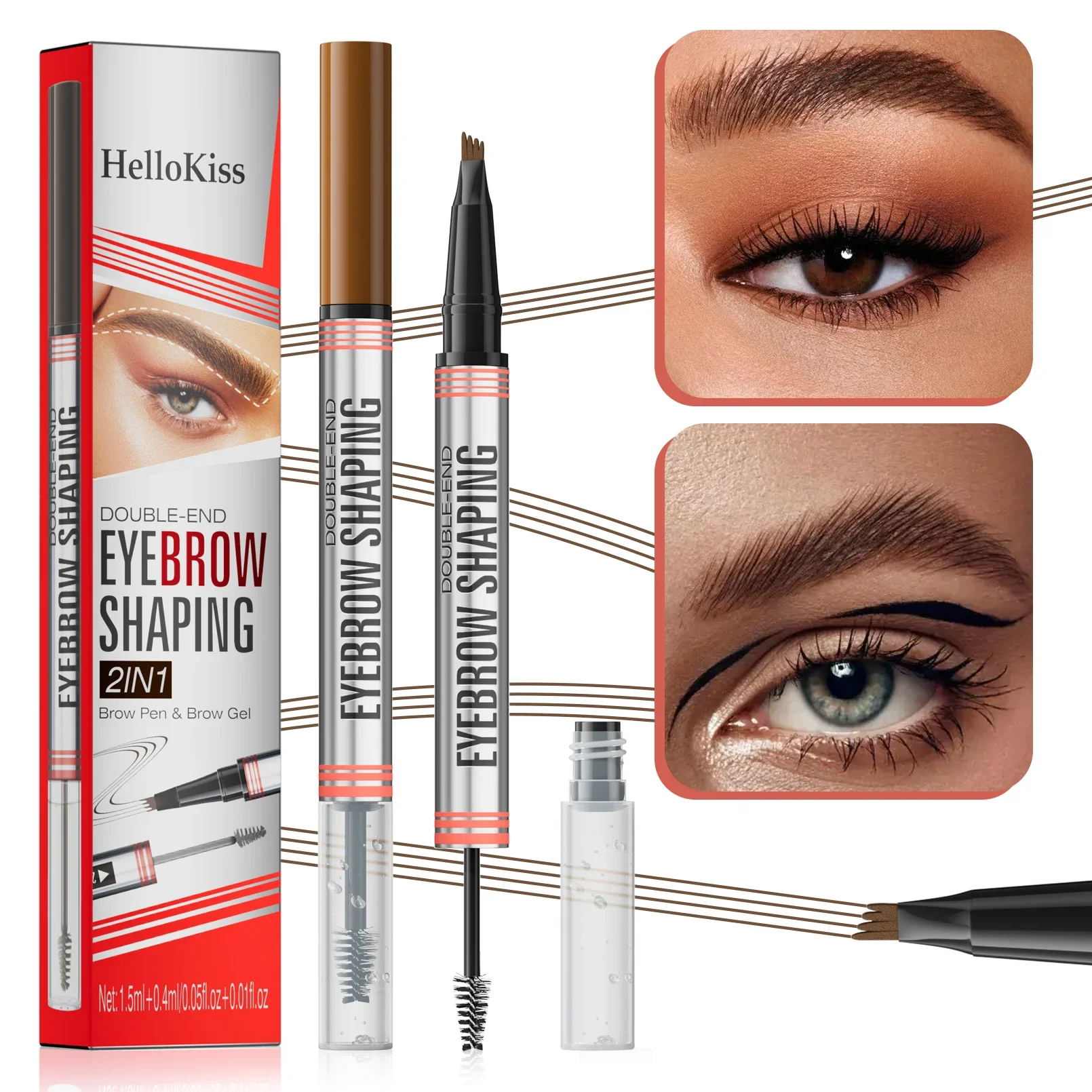 Hellokiss Double-End Liquid Eyebrow Pencil 4-Tip Head Long Lasting Waterproof Sweat-Proof Quick Dry 2in1 Eyebrow Shaping Cream