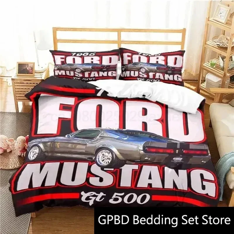 

3D Print Mustang Ford Car Logo Bedding Set Double Twin King Duvet Cover Comforter Pillowcase Boys Girls Adults Bedroom