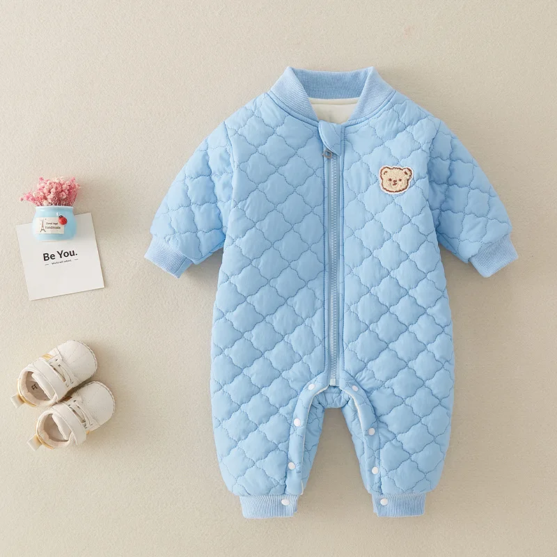 Winter Baby Boys Onesies New Solid Waffle  Zipper Cartoon Bear Thickened Newborn Boys Parkas Outdoors Cotton Infant Boy Bodysuit