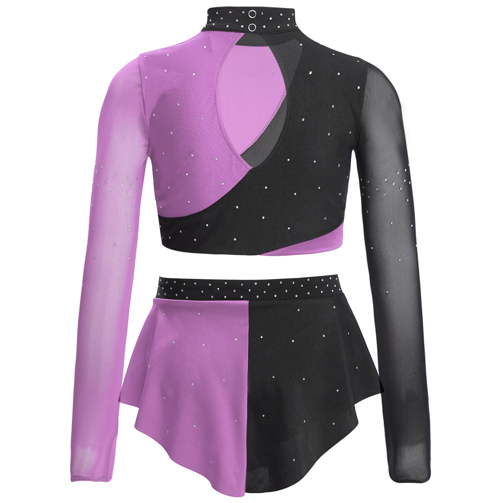 Justaucorps de gymnastique pour enfants filles, Costume de spectacle de danse lyrique, patinage artistique, strass brillants, haut court avec jupe