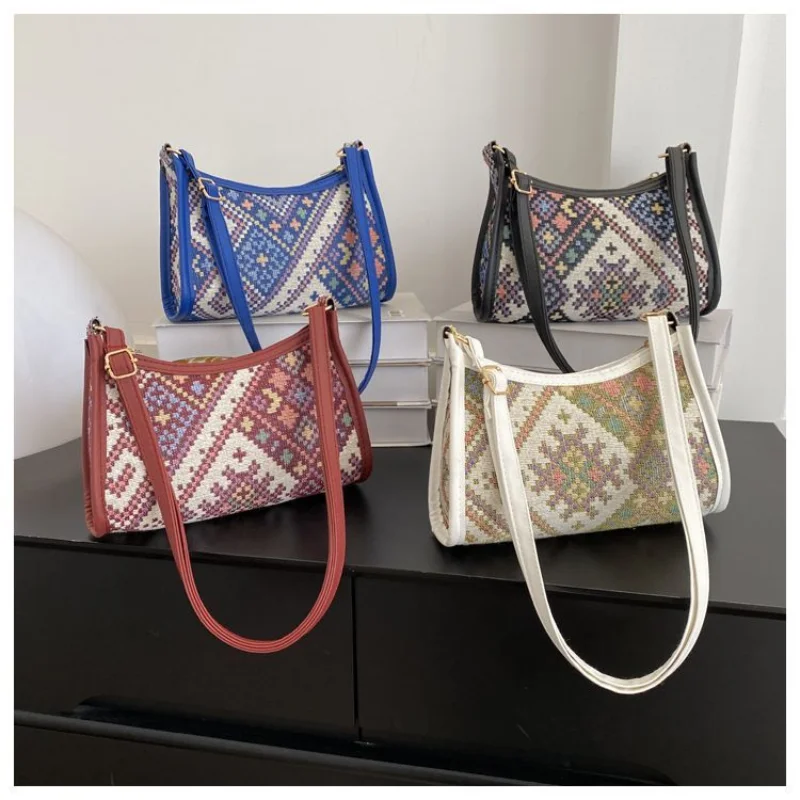 Bolso de un solo hombro con cremallera, bolsa de tela de vela nacional, estampado cuadrado pequeño, informal, contraste de Color, axila, tendencia de moda, nuevo estilo, 2024