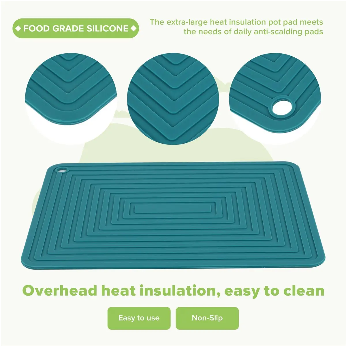 

ABJS Large Silicone Pot Holder Square Thick Heat Insulation Pad Non-Slip Corrugated Kitchen Table Mat(Green)