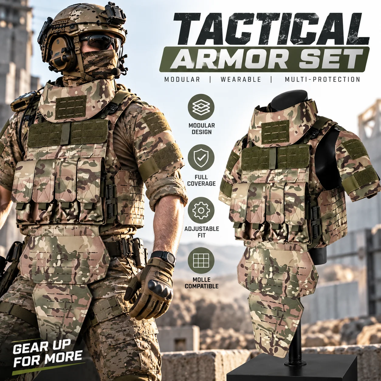 Tactical Armor Cosplay Vest Set Modular MOLLE Protective Gear with Shoulder Neck Groin Guards for Outdoor Training Costume
