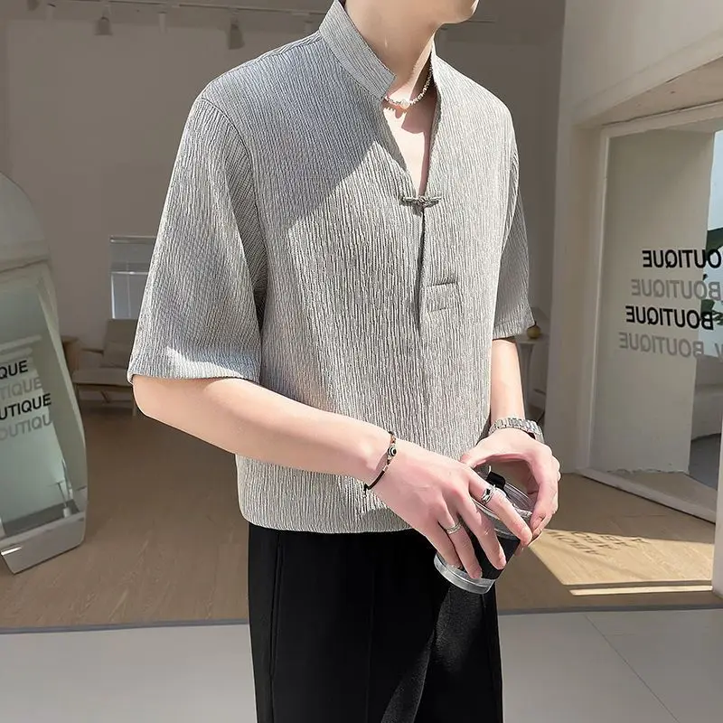 

Men's Clothing Stand Collar T-shirts Casual Half Sleeve Summer Fashion Three-dimensional Decoration Loose Solid Color Pullovers