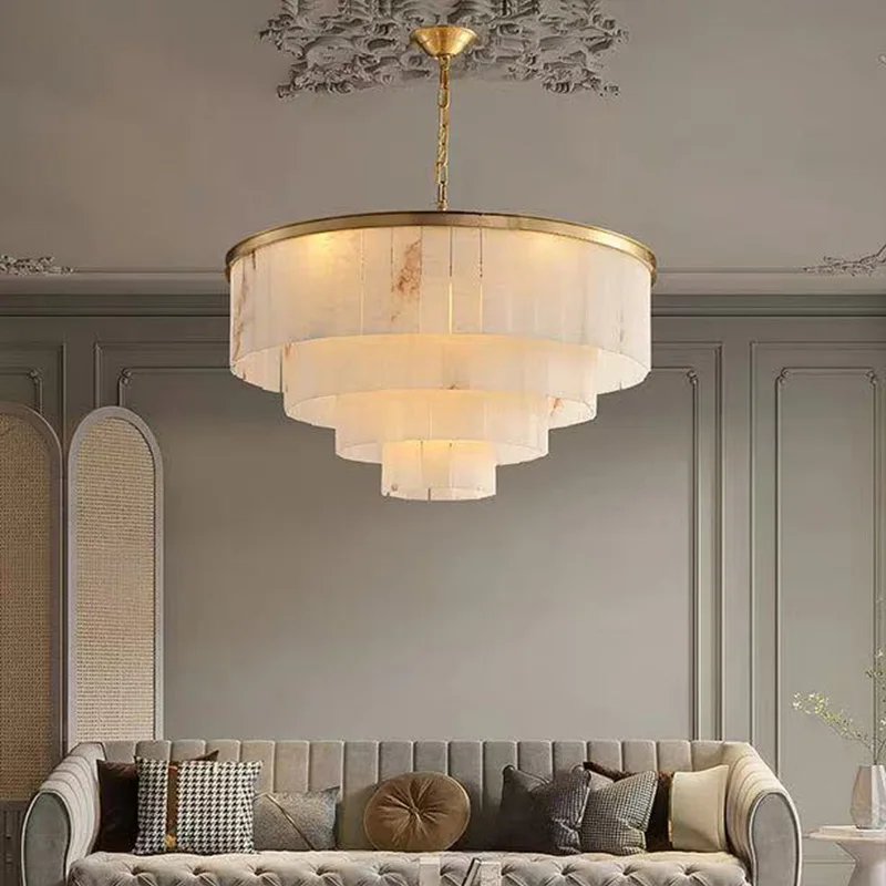 

2025 Vintage American Style Natural Marble Chandelier Spanish Imported Brass Pendant Lamp Ceiling Light for Bar