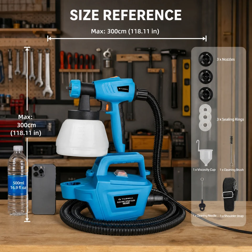 Tilswall HVLP Paint Spray Gun – 800W With 3 Spray Patterns, 4 Nozzles, 1300ml Container, 45° Side-Fill, For House Painting & DIY
