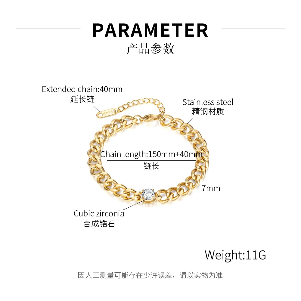 Trendy Tarnish Free IP 18k Gold Cuban Link Bracelets Inlay Solitaire Zircon 7mm 316L Stainless Steel Cuban Bracelet for women