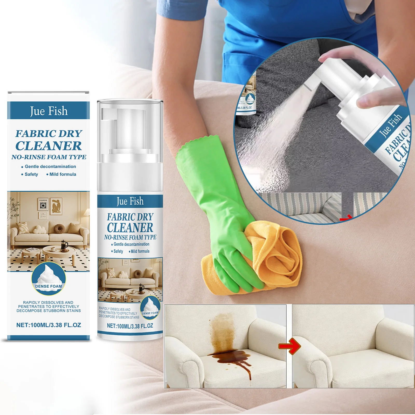 Fabric Sofa Foam Dry Cleaner Stain Remover Waterless Detergent Universal Home Cleaning for Living Room Sofa Cushions & Pillows