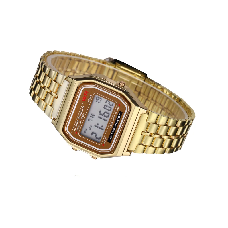 2PC Gold &  Stainless Steel Digital Alarm Stopwatch Wrist Watch Gift