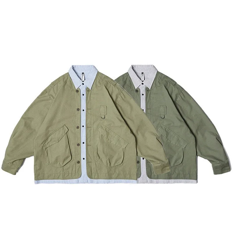 Japanese Retro Fake Two-piece Jacket with Lapel Collar Men's and Women's Autumn Trendy Multi Pocket Fashionable Loose Shirts