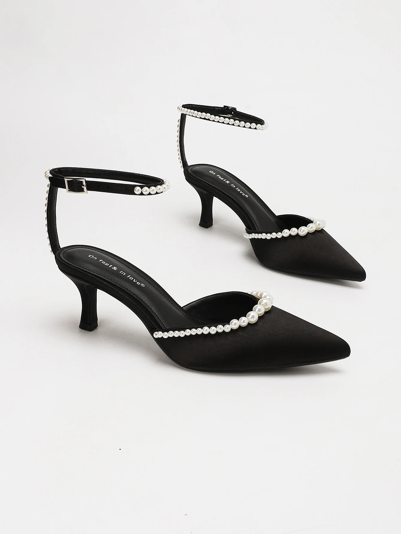 WOMEN BLACK SATIN PEARL ANKLE STRAP KITTEN HEEL SANDALS POINTED TOE SLINGBACK PUMPS BRIDAL WEDDING EVENING PARTY SHOES