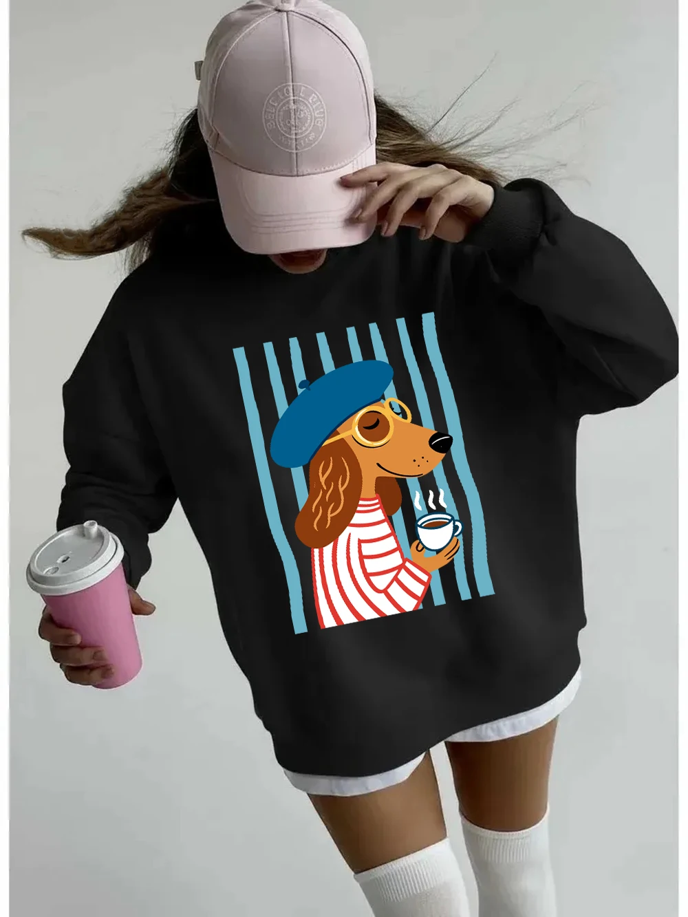 Sweatshirt mit französischer Dackel-Illustration, für Damen, lockerer, sportlicher Kapuzenpullover, Fleece, warm, Rundhalsausschnitt, Herbst, weiche Damenkleidung – Detail 21