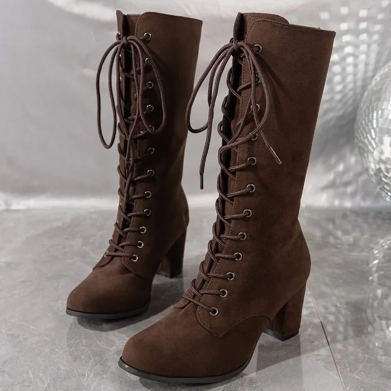 

Women‘s Boots Retro Suede Casual Boots Fashion Pointed Toe High Heeled Booties Lace Up Women's Mid-calf Boots Botas Largas Mujer