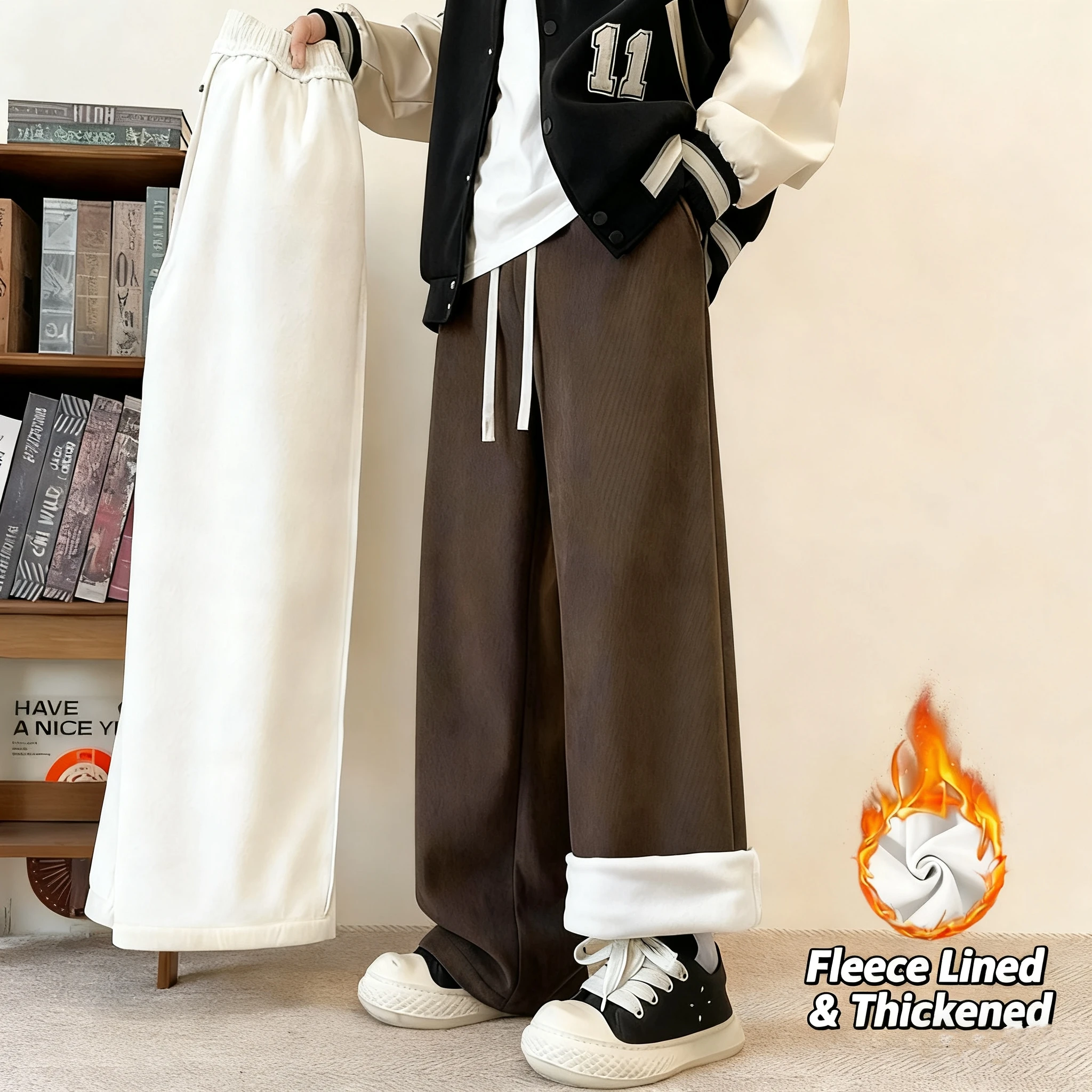 بنطال رياضي شتوي مبطن بالمخمل للرجال بلون سادة وفضفاض من الصوف السميك، بنطلون رياضي دافئ