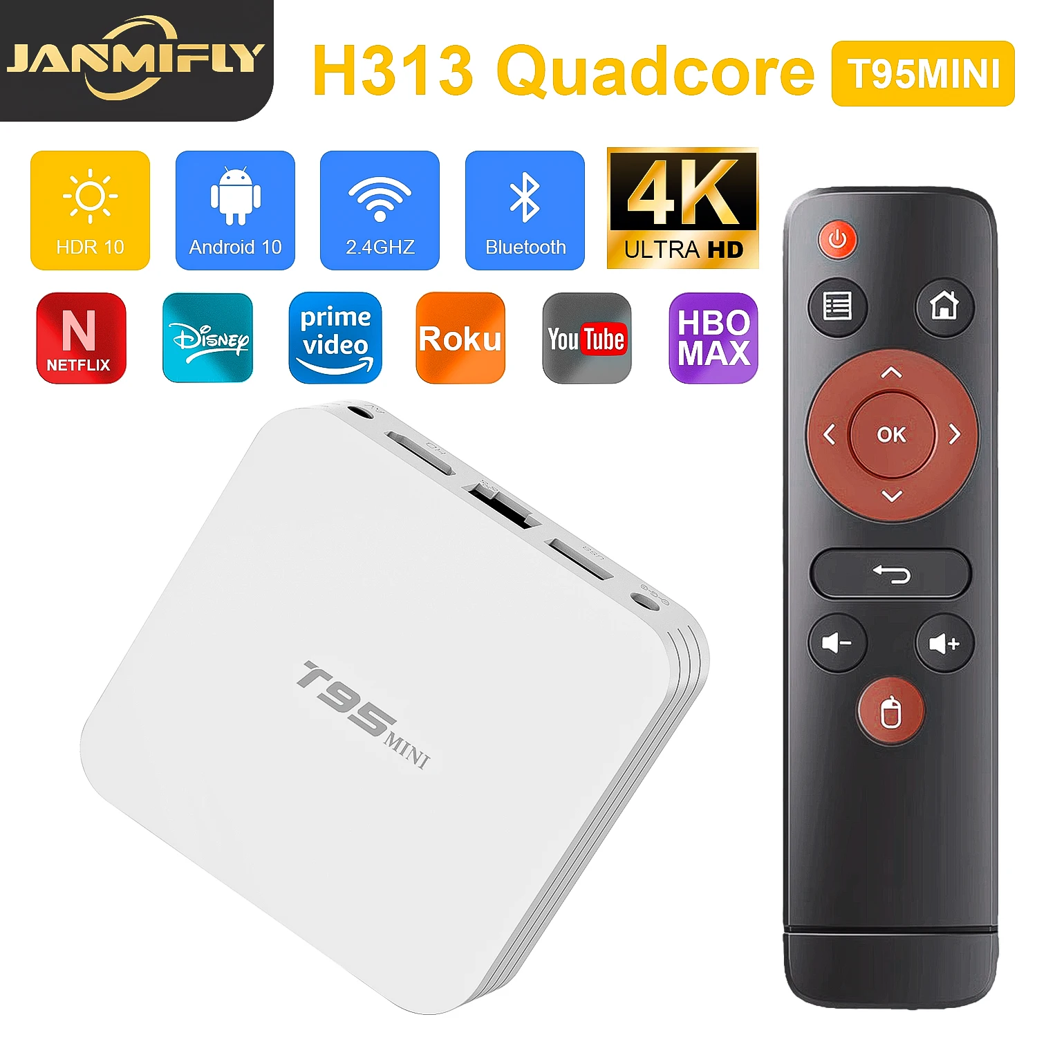 T95MINI TV Box Ultra HD 4K Set-top Box H313 Quadcore 3D Accelerated 2.4GHZ WiFi Home Networking TV Box Android 10.0 Media Player