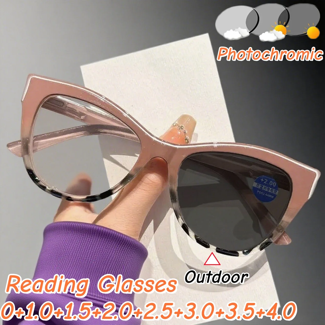 

Women's Cat Eye Style Photochromic Presbyopia Glasses Ultra Light Comfortable Anti-blue Light Color Changing Reading Glasses