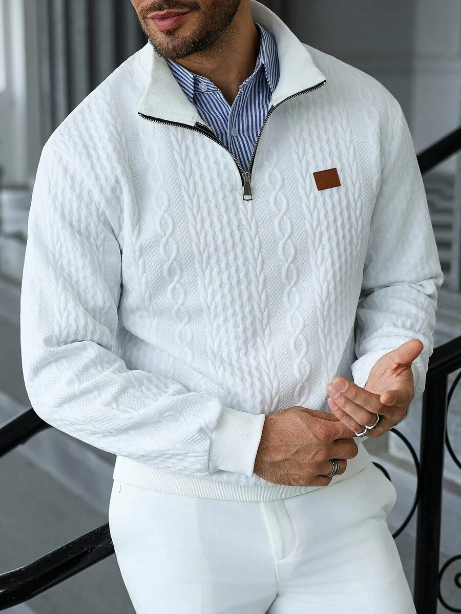 Men's White Textured Cable Knit Half-Zip Pullover Sweater for Casual Wear