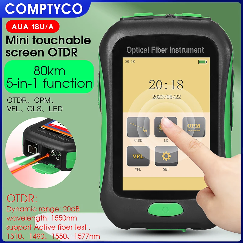 Imagem -02 - Comptyco Aua18u a Mini Tela Touchable Otdr Fibra Ativa Teste 80km Óptico Domínio de Tempo Reflectômetro Built-in Opm Vfl Ols Led