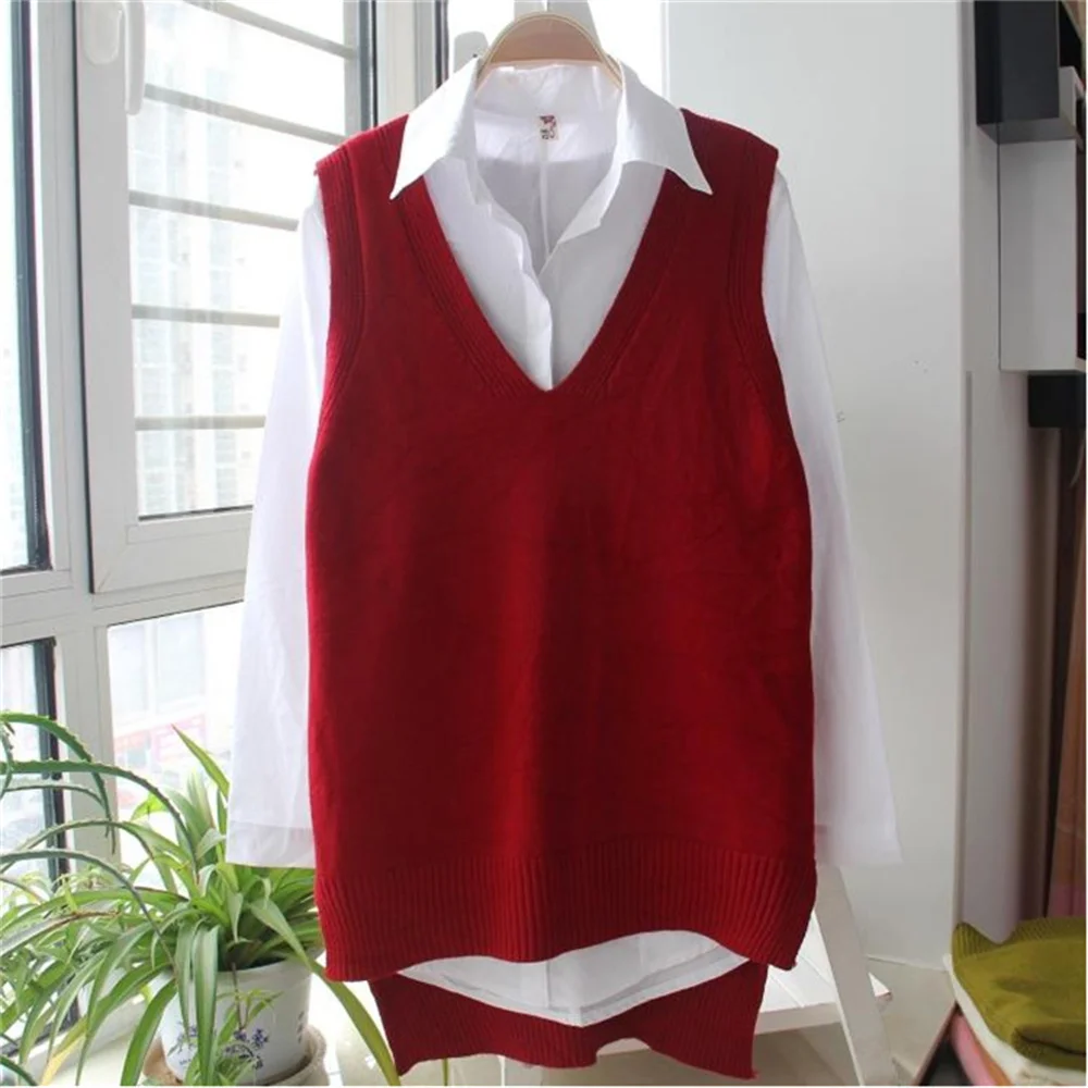 Korean Women Knitted Sweater Sleeveless College Style Women Loose Vest Ladies V-Neck Pullover Tops Female Waistcoat Pull Femme