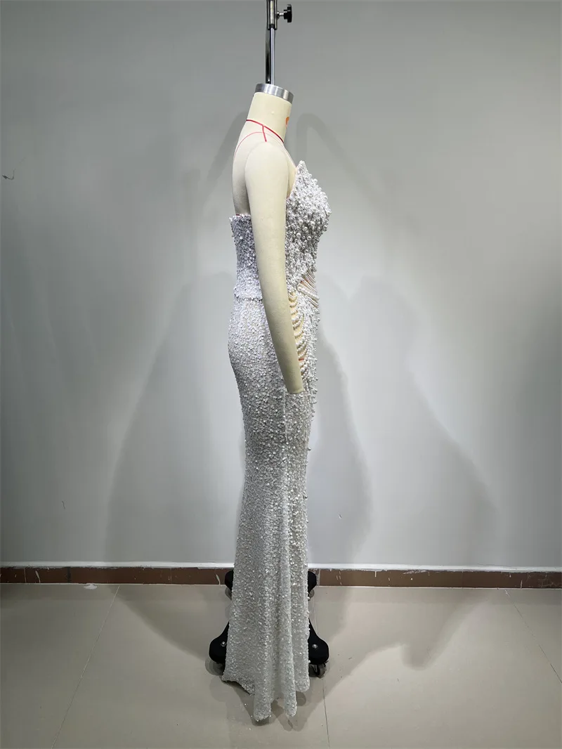 New Arrival Women's Dress Luxurious Pearl Sequin Sheer Mermaid Strapless Dress Elegant Wedding Engagement Annual Party Gown
