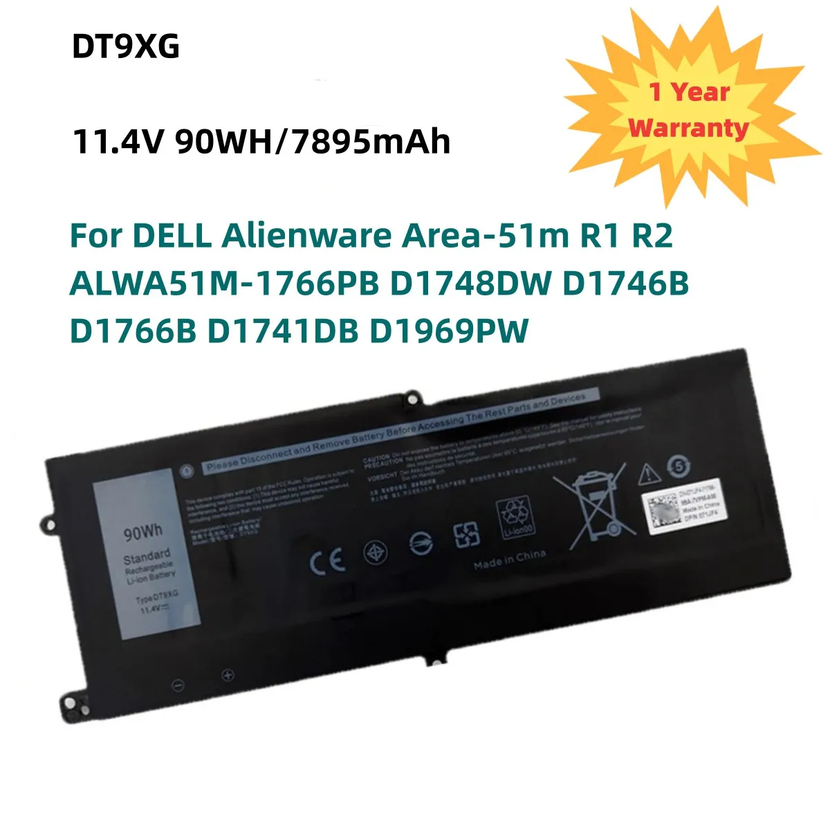 DT9XG Battery for DELL Alienware Area-51m R1 R2 ALWA51M-1766PB D1748DW D1746B D1766B D1741DB D1969PW P38E 0KJYFY 07PWX