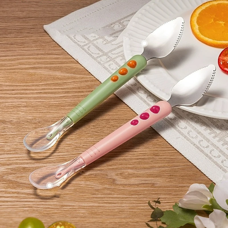 Baby Fruit Scraping Mud Spoon Double Head Silicone Stainless Steel Children Utensil Toddler Infant Food Feeding Tableware