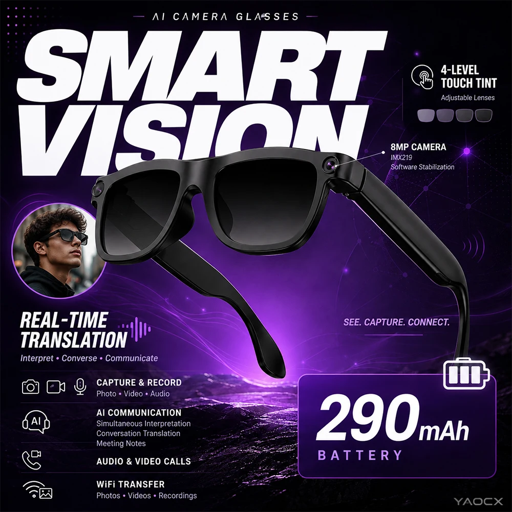 New Smart Glasses AI Smart Q&A 8MP HD Camera Object Recognition Language AI Translation Bluetooth Calling & Music Smart Glasses