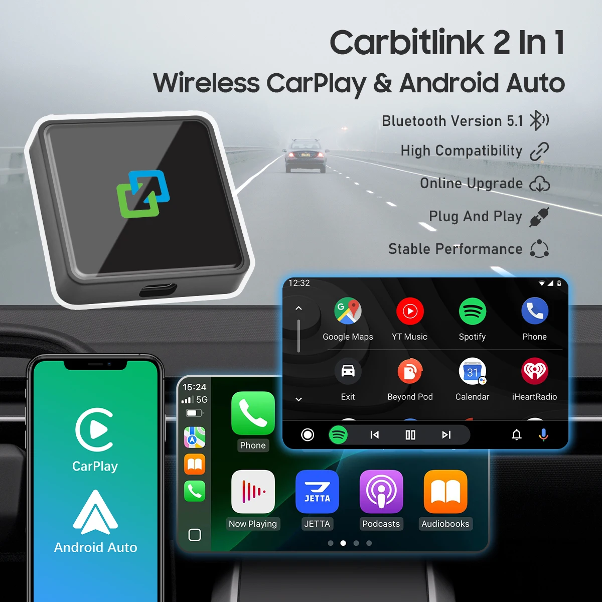 C2 2-in-1 Adapter Convert Smart Box To Wireless CarPlay & Android Auto Voice Control Smart Car Kit for Factory Wired CarPlay Car