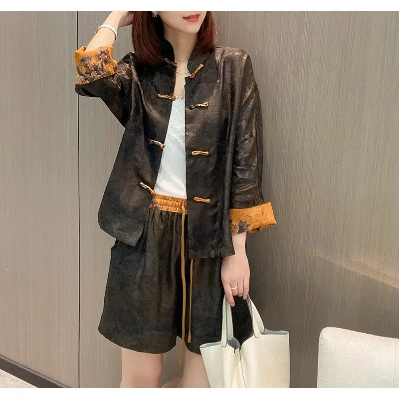 

Chinese Style Two Piece Sets Womens Outifits Summer Fashion Haogui Luxury Jacquard Retro Buckle Coat and Casual Shorts