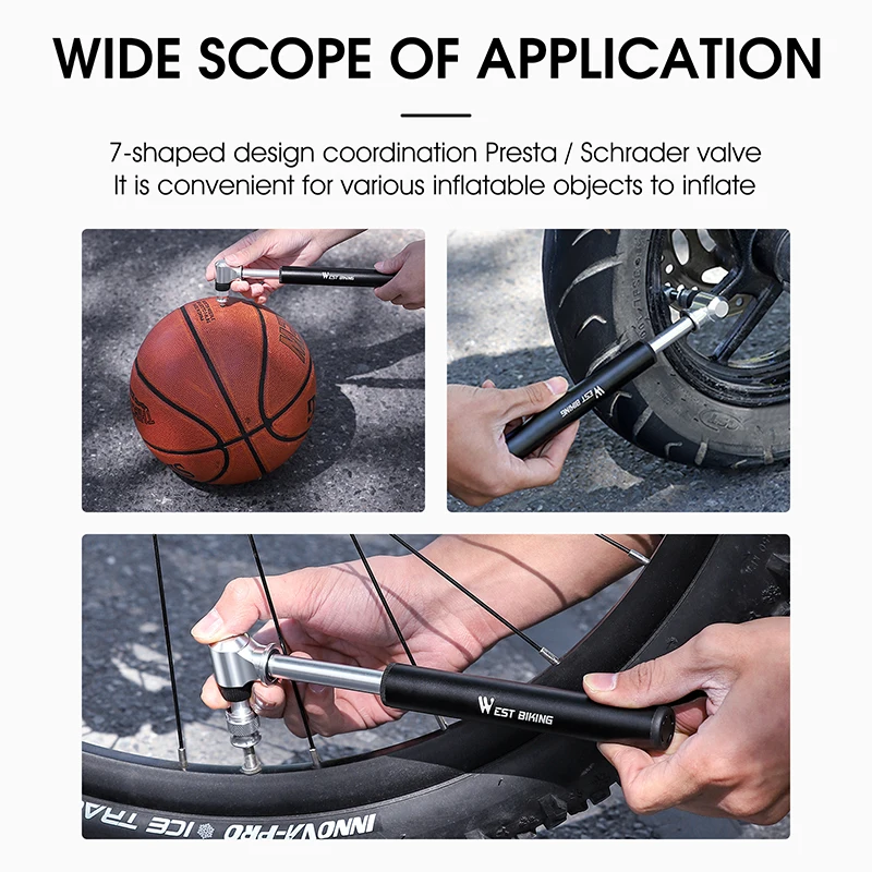 WEST BIKING Portable Bicycle Pump 300PSI High Pressure Bike Air Pump Bike Tire Inflator Schrader Presta Valve Cycling Hand Pump