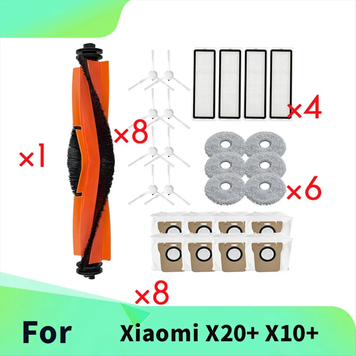 

Набор аксессуаров A42F из 27 предметов для робота-пылесоса Xiaomi X20+/X10+: основная и боковые щетки, насадки для влажной уборки, фильтры, мешки для сбора пыли