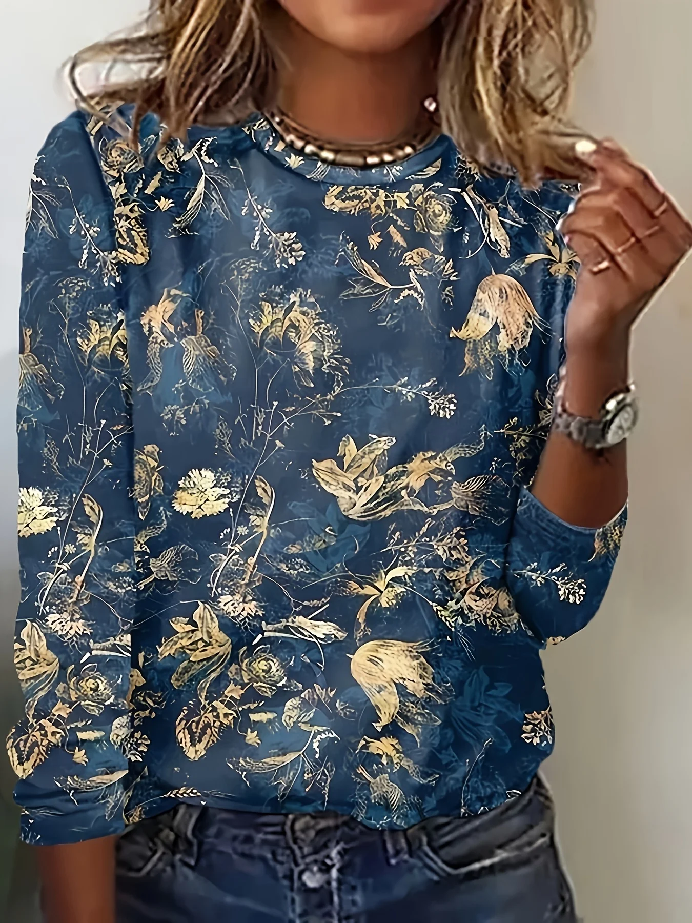 Women's Long Sleeve T-Shirt, Blue Top With Gold Floral And Botanical Print, All-Winter Holiday Style Top Suitable For Leisure And Sports Scenarios