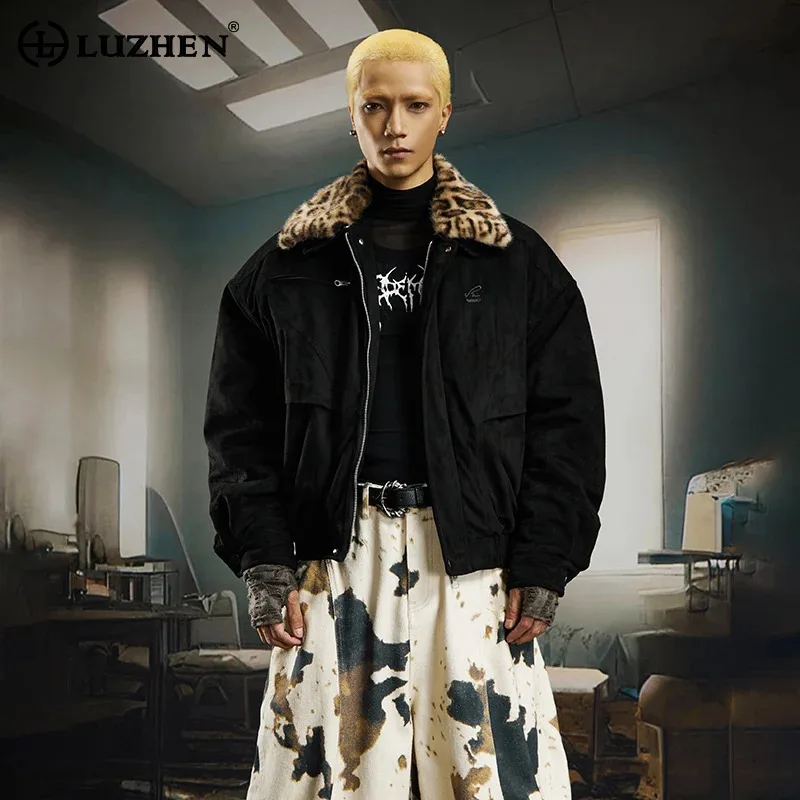 

LUZHEN 2025 Winter Fashion Streetwear Original Leopard Print Brushed Neck Padded Coat Men's Warm Thickened Parka Jacket JY5182