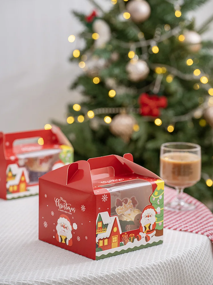 クリスマスカップケーキボックス紙製カップケーキ包装箱ハンドヘルドマフィンカップ包装箱シングル2個ベーカリーキッチンツール