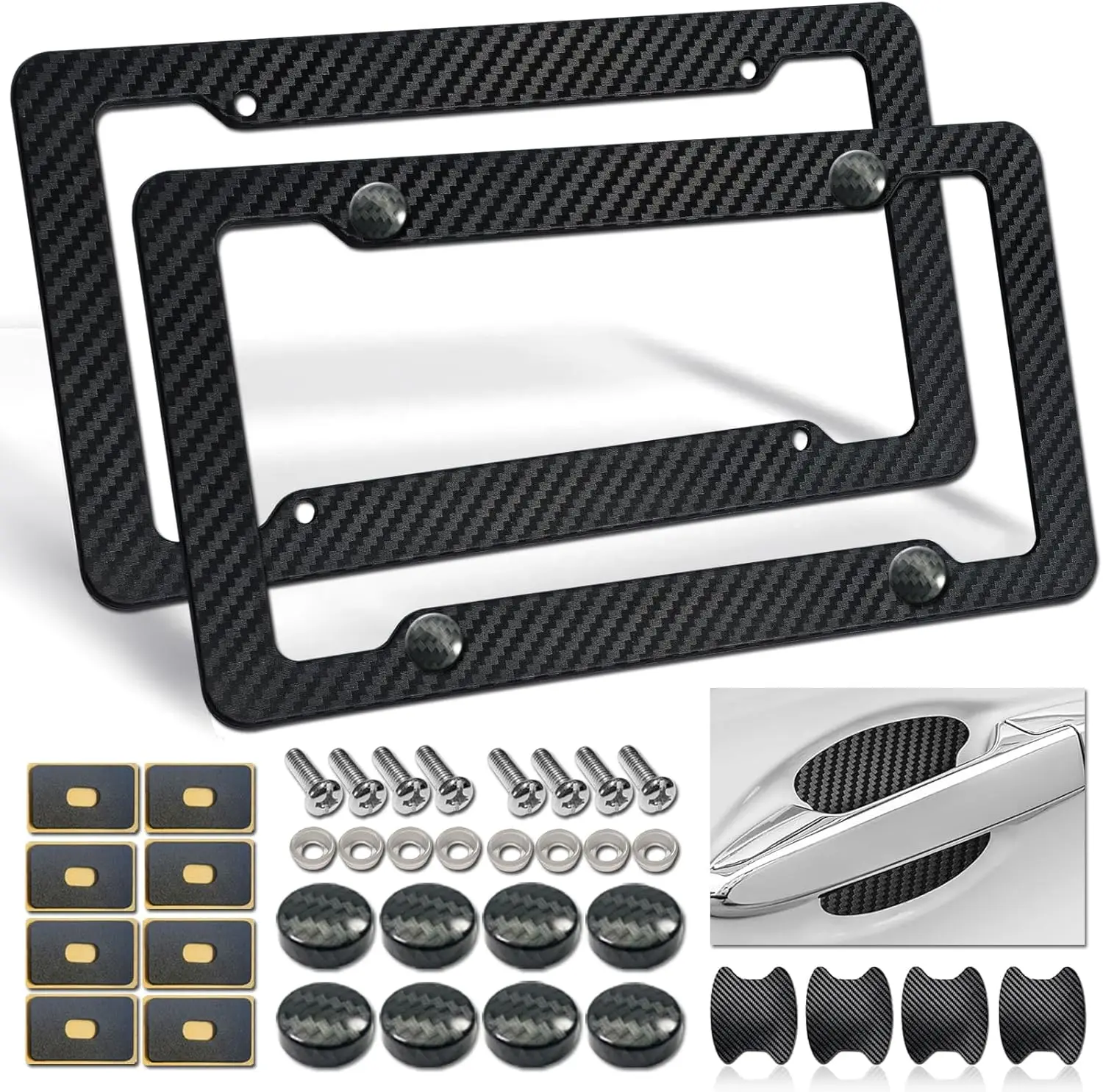 

Carbon Fiber License Plate Frame 2 Pack for Front and Rear, Black Plastic Car Tag Holder with Mount Hardware and Screws