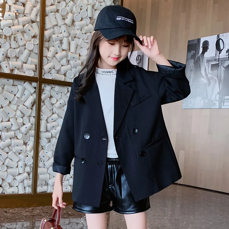 Kids Girls Jacket Spring Autumn Fashion Korean Long Sleeve Black Suit Jackets for Girls Teenager Button Blazer Cardigan Jackets