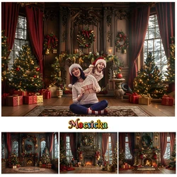 Mocsicka Christmas Fireplace Photography Backgrounds Child Adult Family Portrait Backgrounds Xmas Tree Wreaths Gift Boxes Decor