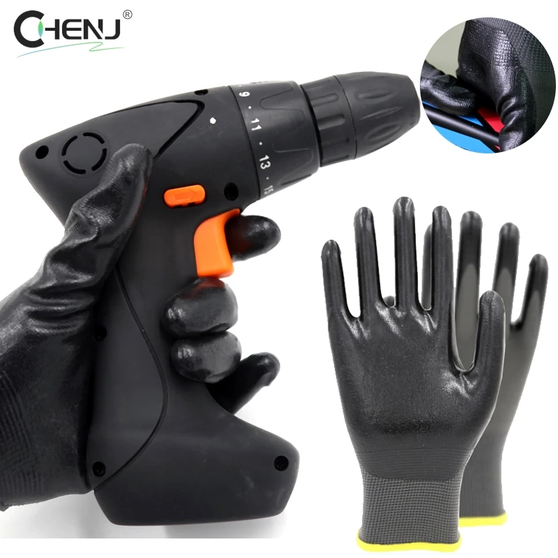 1 Pair Non-slip Nitrile Work Gloves 13 Needle Breathable Nylon Liner Abrasion Resistant Level 4 Nitrile Coating On Palm