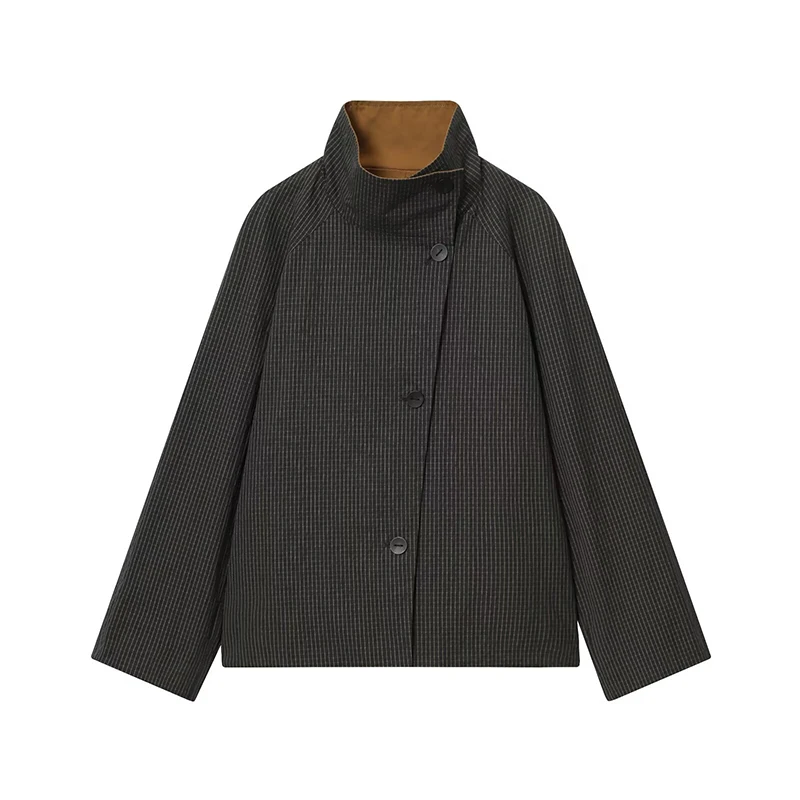 Short Double-Sided Trench Coat Woman Plaid Single Breasted Lapel Long Sleeves Loose Coats Street Casual Women's New Chic Jackets 7