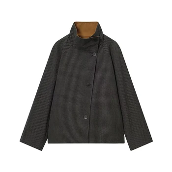 Short Double-Sided Trench Coat Woman Plaid Single Breasted Lapel Long Sleeves Loose Coats Street Casual Women's New Chic Jackets 7